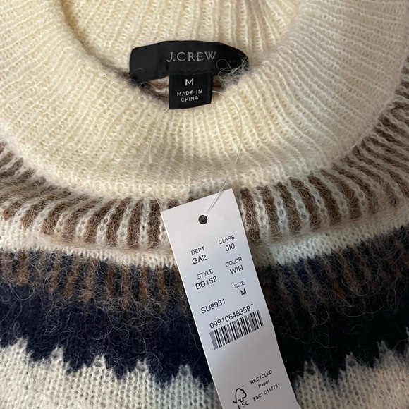 J.CREW Fair Isle Yoke Puff-Sleeve Sweater NWT M Warm Ivory Navy - Picture 9 of 11
